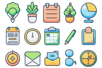 Wall Mural - A collection of 2D icons for productivity apps and websites. The set includes symbols for tasks, calendar, and reminders, all designed with a clean and straightforward aesthetic. These icons are
