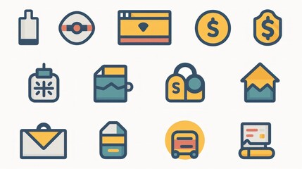 Wall Mural - A set of 2D icons for financial applications and websites. This collection includes symbols for transactions, wallets, and bank accounts, all designed with simplicity and clarity. These icons are