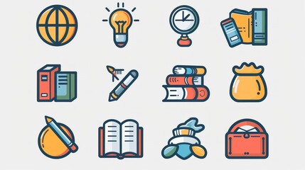 Wall Mural - A collection of 2D icons for educational apps and websites. The set includes symbols for books, classes, and exams, all designed with simplicity and clarity. These icons are ideal for educational