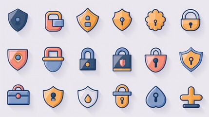 Wall Mural - A variety of 2D icons for security and privacy apps and websites. The set includes symbols for locks, shields, and privacy settings, all designed with a clean and straightforward style. These icons