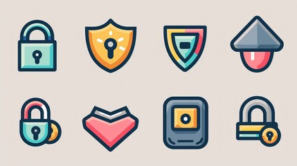 Wall Mural - A variety of 2D icons for security and privacy apps and websites. The set includes symbols for locks, shields, and privacy settings, all designed with a clean and straightforward style. These icons