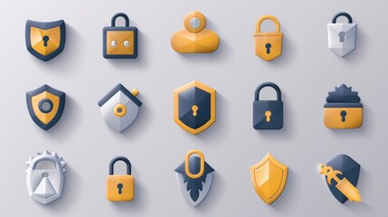 Wall Mural - A variety of 2D icons for security and privacy apps and websites. The set includes symbols for locks, shields, and privacy settings, all designed with a clean and straightforward style. These icons