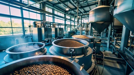 Close-up of an advanced coffee bean processing line in a modern factory, showcasing sophisticated machinery and efficient production techniques in a clean environment.
