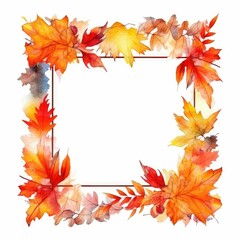 Wall Mural - Watercolor autumn leaves frame on a white background. Seasonal fall concept for Thanksgiving greeting and invitation design. Thin square picture frame decorated with red and yellow colored. AIG35.