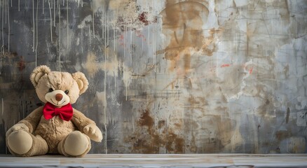 A cute bear toy wearing a red bow tie sitting in front of a grungy wall with empty copy space for text. Happy birthday card celebration concept