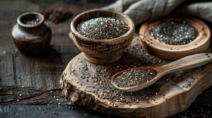 Poster - Wooden board with chia seeds and a wooden bowl