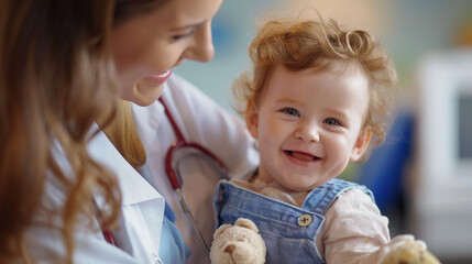 smiling padiatrician  examining a baby in th hospital .  A smiling  doctor having medical checkup with newborn  in clinic . 