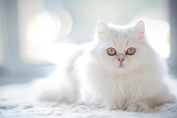 A beautiful white Persian cat sitting elegantly, with soft, fluffy fur and bright, expressive eyes