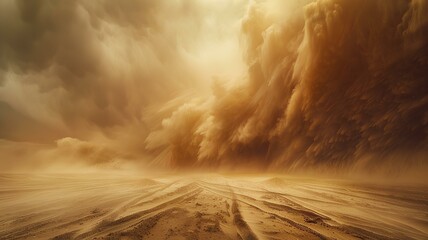 Wall Mural - Dust storm sweeping through a golden desert with swirling sand dunes under a dramatic sky.