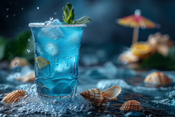 Refreshing blue cocktail with ice and mint garnish, surrounded by seashells on wet surface. Concept of tropical vacation, summer refreshment, and beach party.