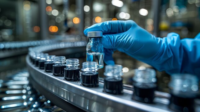 At the factory's medical bottle production line, a close-up of a small bottle placed on a conveyor belt by a hand wearing blue gloves