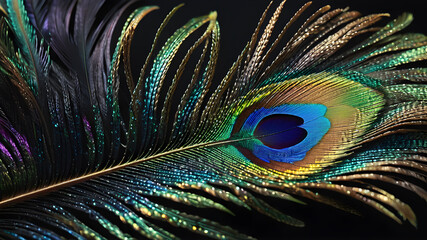 A detailed close-up of a colorful peacock feather on a black background, Generative AI