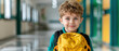 © Wonderful Studio - A young boy wearing a green shirt and yellow backpack stands in a hallway