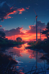 Wall Mural - A beautiful sunset over a river with a windmill in the background