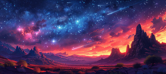 A beautiful, starry night sky with a mountain range in the background