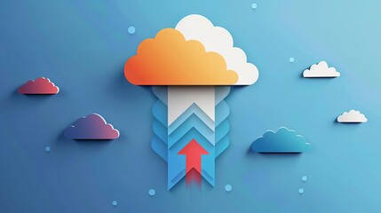 Abstract cloud computing concept with upward arrow and modern gradient art, symbolizing data upload and digital technology.