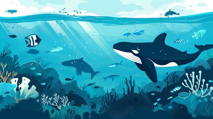 Illustrate a clean ocean with diverse marine life,