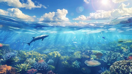 Illustrate a clean ocean with diverse marine life,