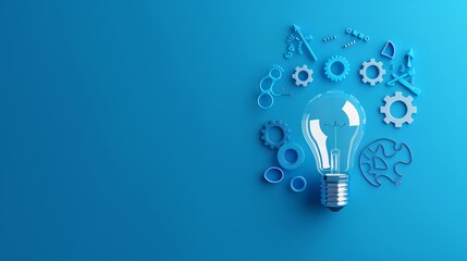 blue lightbulb with gears and shapes on a blue background