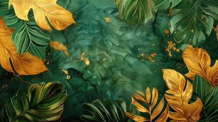 Wall Mural - Shimmering Green Marble and Tropical Leaves Wallpaper Texture for Luxurious Backgrounds and Wall Art - Repeatable Design