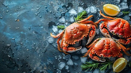 Three vibrant crabs presented on ice, accompanied by sliced lemons and sprigs of rosemary, creating a fresh and inviting culinary scene ready for seafood lovers.