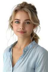 Wall Mural - Radiant Blonde Woman with Piercing Blue Eyes and Casual Shirt