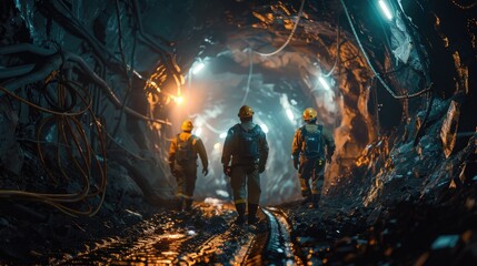 Miners Walking in an Underground Illuminated Tunnel