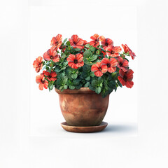 Photorealistic red geranium in a rustic ceramic pot, detailed leaves and petals, vector-like precision isolated on pure white