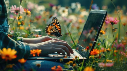 Person working on laptop surrounded by flowers with butterfly, Tech in nature, Work environment