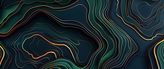 Abstract topographic lines vector background with contour map, ocean pattern for travel and exploration design elements. Dark green and golden lines on a navy blue background