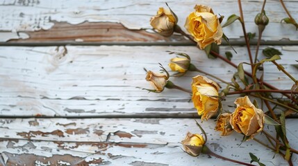 Sticker - Dried yellow roses on aged white wood