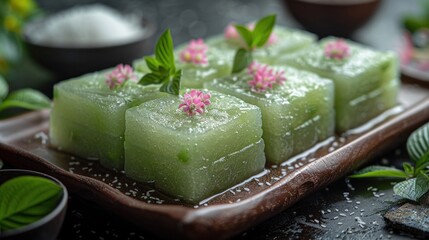 Wall Mural - Green Jelly Dessert with Pink Flowers