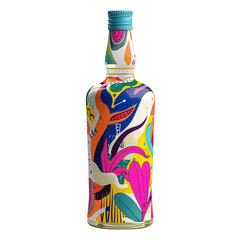 vibrant bottle with colorful abstract design, featuring bright patterns and lively shapes on a white