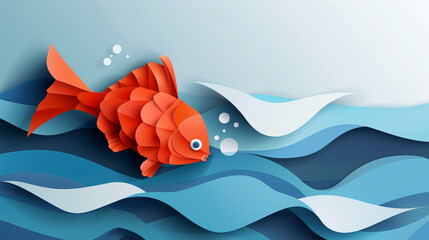 Wall Mural - Paper cut cartoon red fish on water in polygonal trendy craft style. Modern origami design.