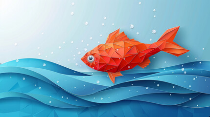 Paper cut cartoon red fish on water in polygonal trendy craft style. Modern origami design.