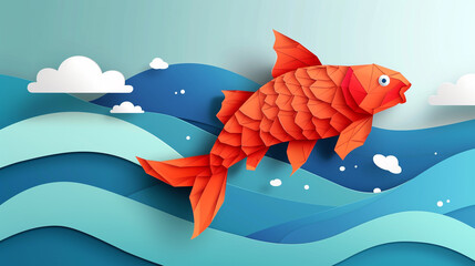 Wall Mural - Paper cut cartoon red fish on water in polygonal trendy craft style. Modern origami design.