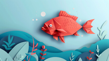 Wall Mural - Paper cut cartoon red fish on water in polygonal trendy craft style. Modern origami design.