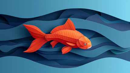 Wall Mural - Paper cut cartoon red fish on water in polygonal trendy craft style. Modern origami design.