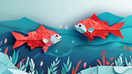 Wall Mural - Paper cut cartoon red fish on water in polygonal trendy craft style. Modern origami design.