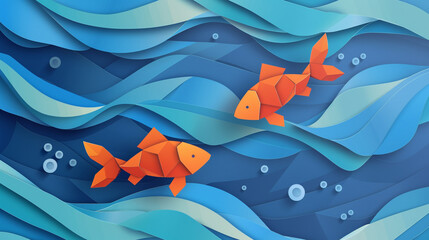 Wall Mural - Paper cut cartoon red fish on water in polygonal trendy craft style. Modern origami design.