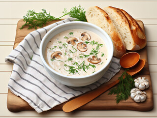 Wall Mural - Mushroom soup with bread on the table
