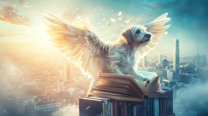 A dog with wings made of books, flying over a cityscape