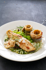 Wall Mural - Marinated herring fillets with dill on wooden table
