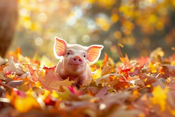 Wall Mural - Piglet Frolicking in Colorful Autumn Leaves with Sunlight Filtering Through Trees