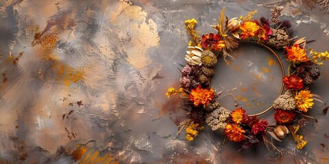 Wall Mural - Rustic dried flower wreath with gold rim orange and yellow accents. Concept Dried Flower Wreath, Rustic Decor, Gold Accents, Orange and Yellow Flowers