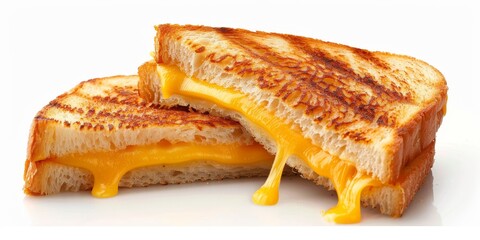 A grilled cheese sandwich with melted cheese on white background