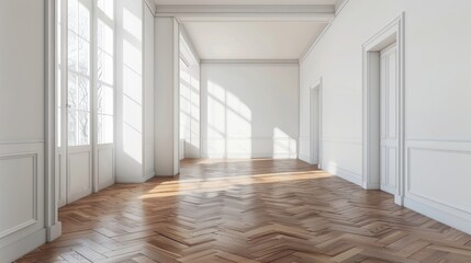 Wall Mural - Empty white room with wooden parquet floor against white background