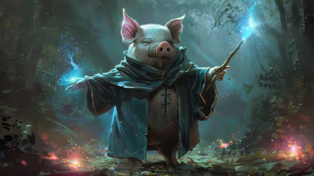 Whimsical Pig Wizard in Mystical Forest Scene Casting Spell with Glowing Lights