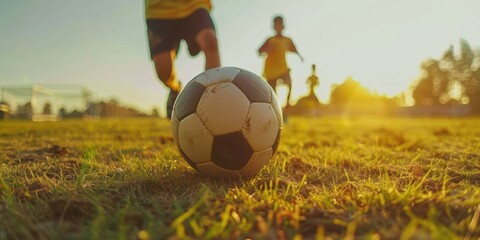 Wall Mural - Kids' Football Soccer Match. Children Engaging in a Soccer Tournament. Boys kicking footballs and running. Coach of Youth Soccer in the Background