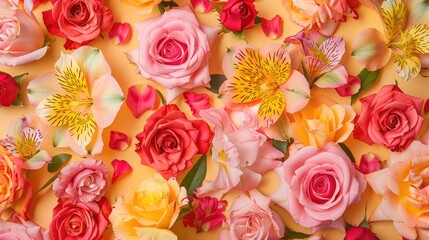 Vibrant background featuring fresh roses and alstroemeria